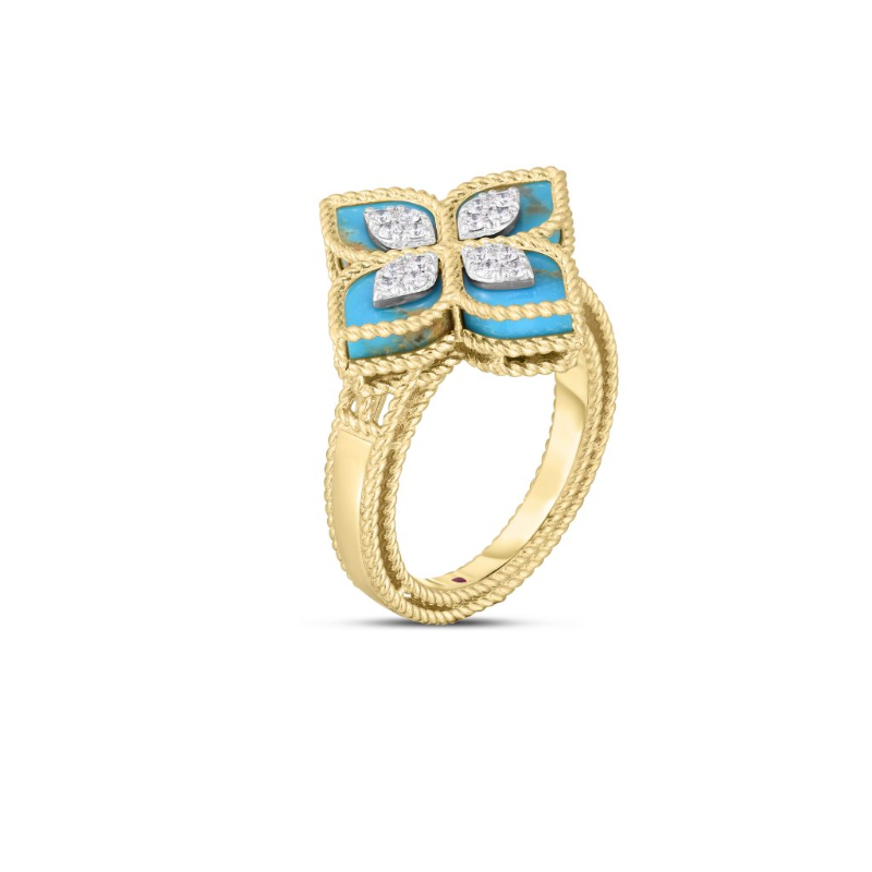 Roberto Coin 18K Yellow And White Rhodium Plated Gold Princess Flower Turquoise And Diamond Flower Ring