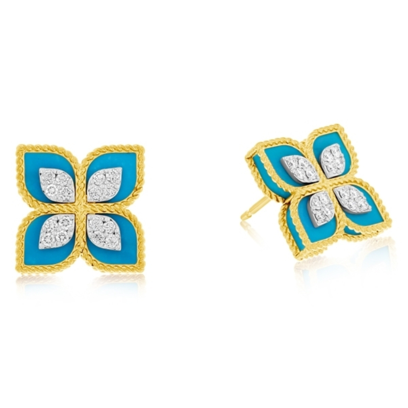 Roberto Coin 18K Yellow And White Gold Turquoise & Diamond Princess Flower Earrings