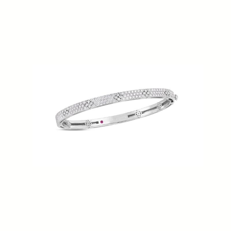 Roberto Coin 18K white gold rhodium plated Love In Verona 4.5mm wide diamond bangle bracelet with round diamonds weighing 1.70 carats total weight, 48x58mm
