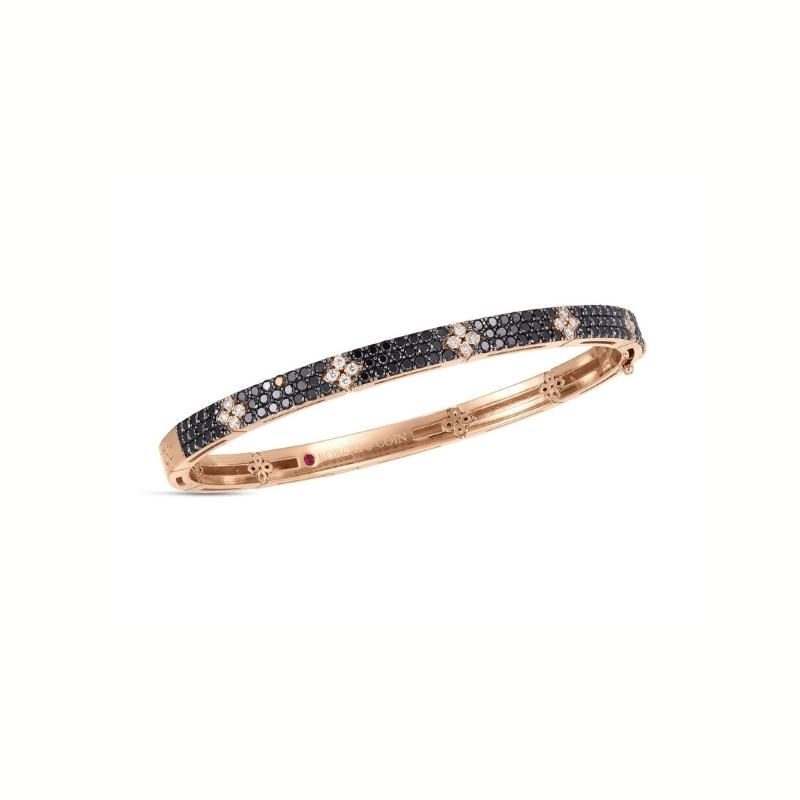 Roberto Coin 18K rose gold Love in Verona black and white diamond bangle bracelet with round black and white diamonds weighing 1.87 carats total weight, 48x58mm