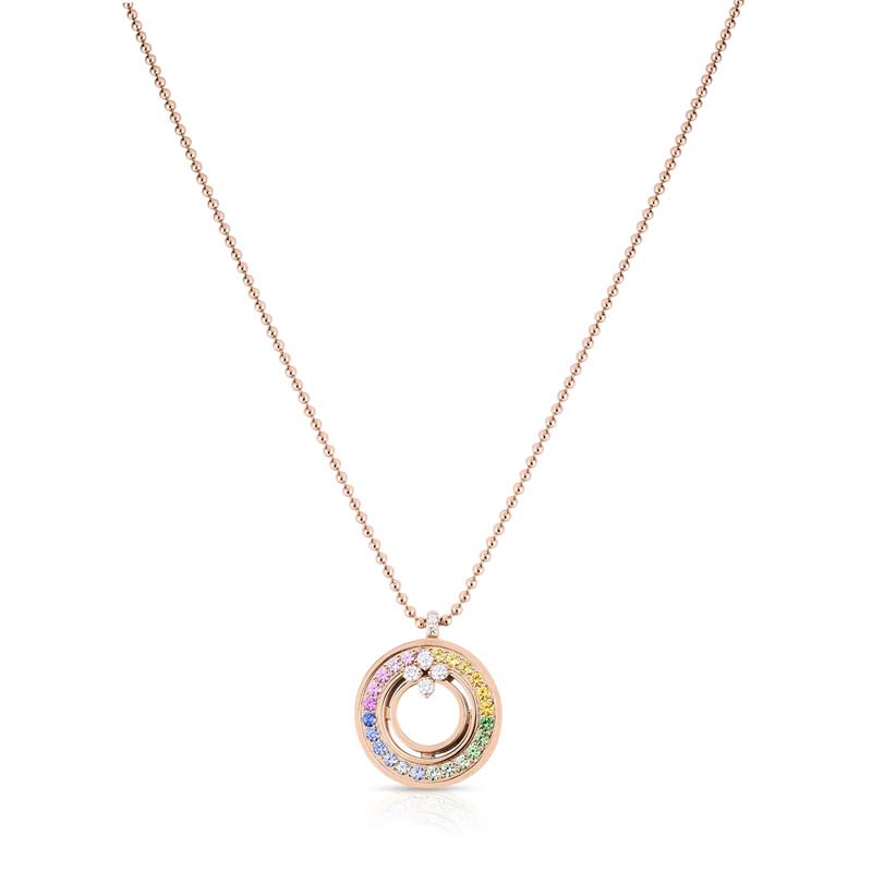 Roberto Coin 18K rose gold Verona Rainbow pendant with stones weighing: 1 Mother of Pearl 3.80 carats, round diamonds 0.25, blue sapphires 0.25, pink sapphires 0.25, yellow sapphires 0.25, tsavorites 0.24 all carat total weight