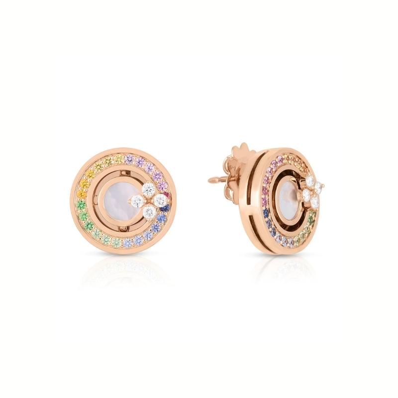 Roberto Coin 18K rose gold Verona Rainbow stud earrings with stones weighing: 2 Mother of Pearl 2.35, round diamonds 0.15, blue sapphires 0.10, pink sapphires 0.10, yellow sapphires 0.13, tsavorite 0.07 all carats total weight