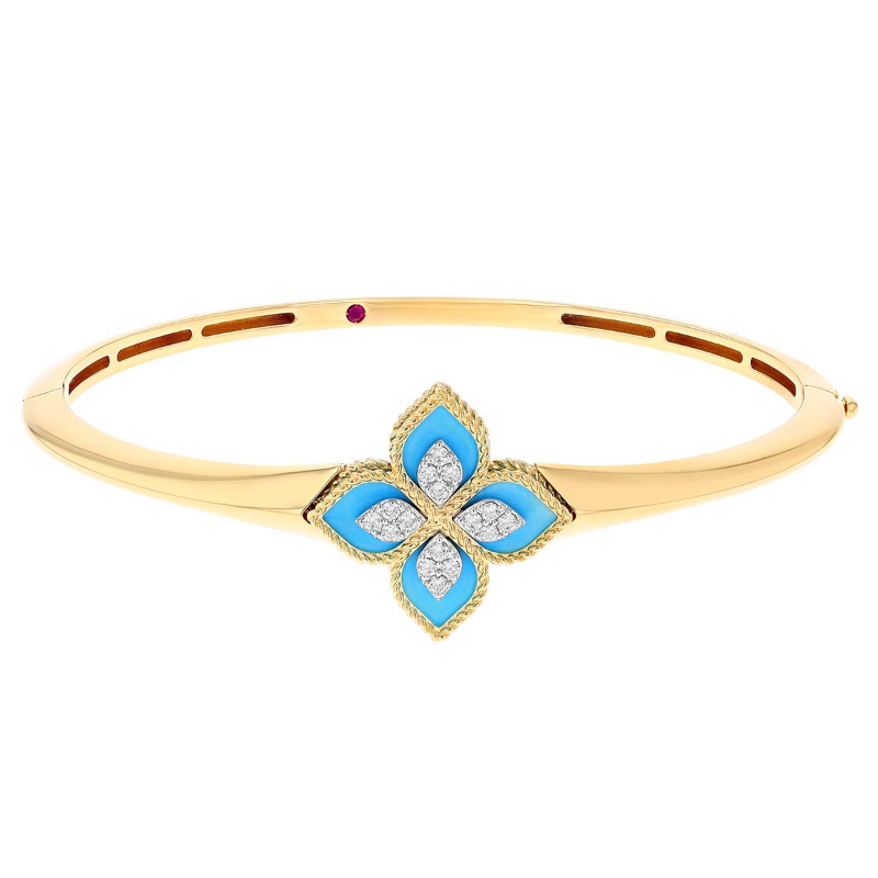Roberto Coin 18K Yellow And White Rhodium Plated Gold Princess Flower Turquoise And Diamond Flower Bangle Bracelet