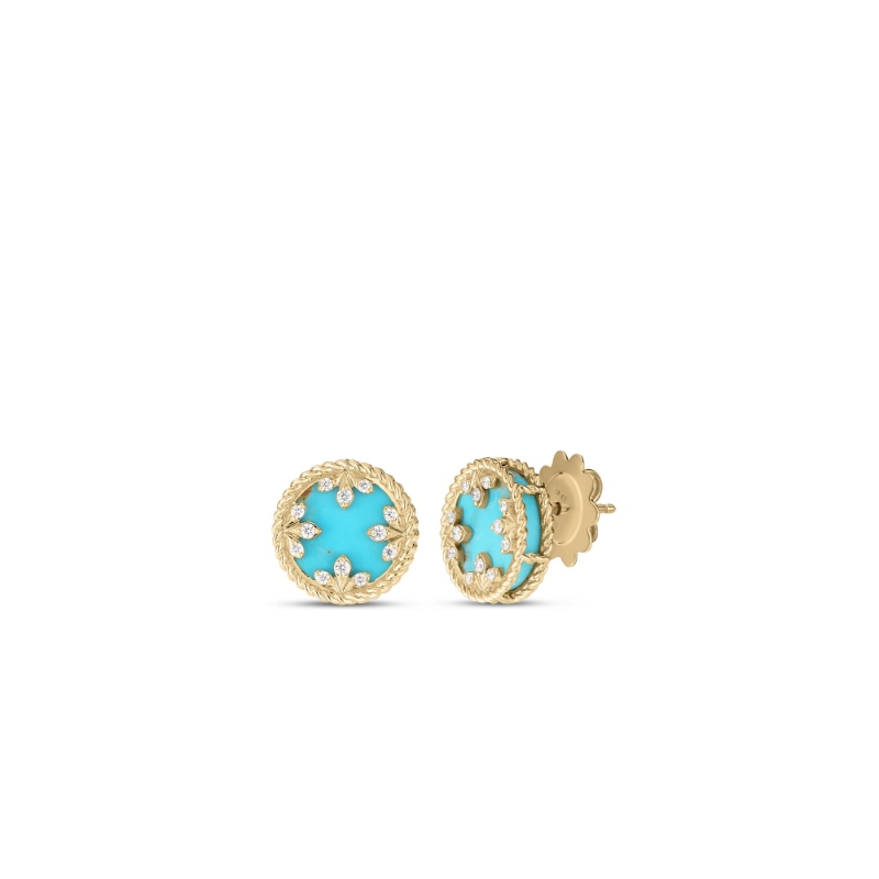 Roberto Coin 18K Yellow Gold Venetian Medallions Small Diamond And Turquoise Stud Earrings