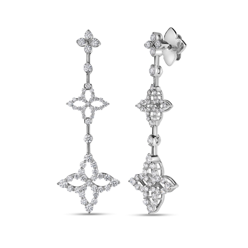 Roberto Coin 18K White Gold Diamond Princess Outline Triple Flower Graduating Drop Earrings