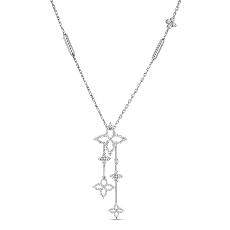 Roberto Coin 18K White Gold Diamond Princess Outline Multi Flower Drop Pendant Necklace