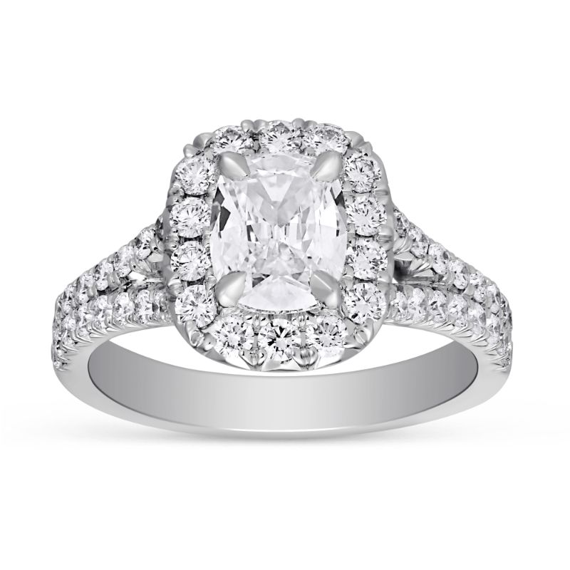Henri Daussi 18K white gold rhodium plated diamond halo ring with 1 cushion brilliant cut diamond weighing 0.95 carat, E VS1 GIA#2364904890, 44 round diamonds weighing 0.32 carat total weight