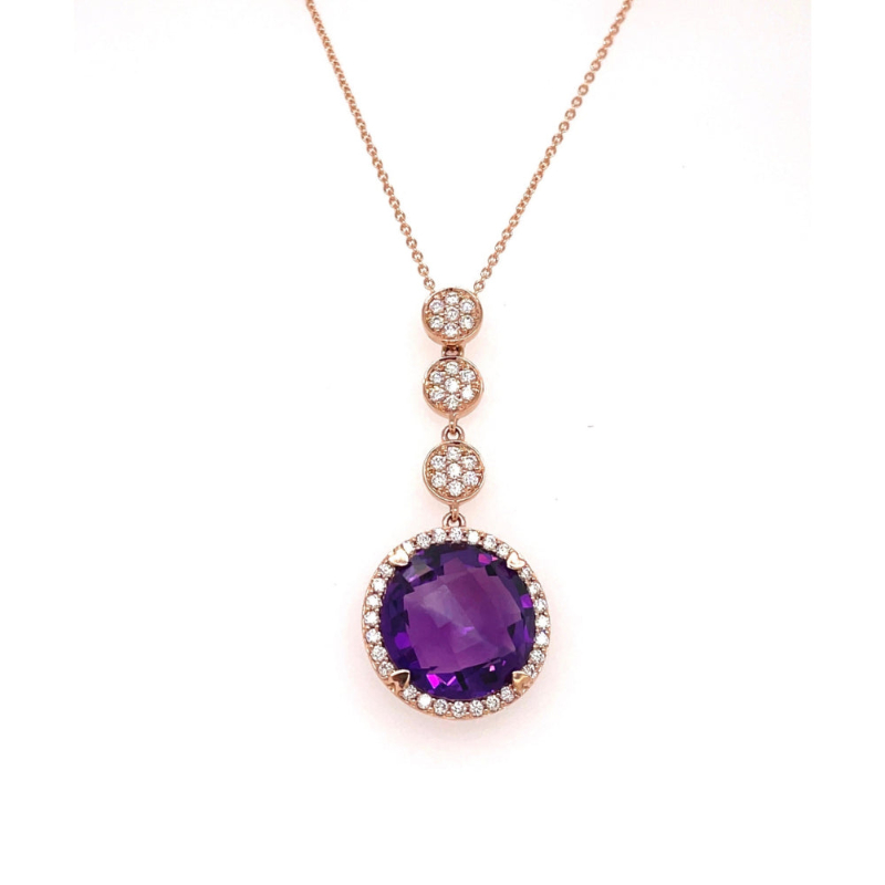 Lisa Nik 18k rose gold Rocks 11mm round amethyst drop necklace and triple disc bail with round diamonds weighing 0.33 carat total weight