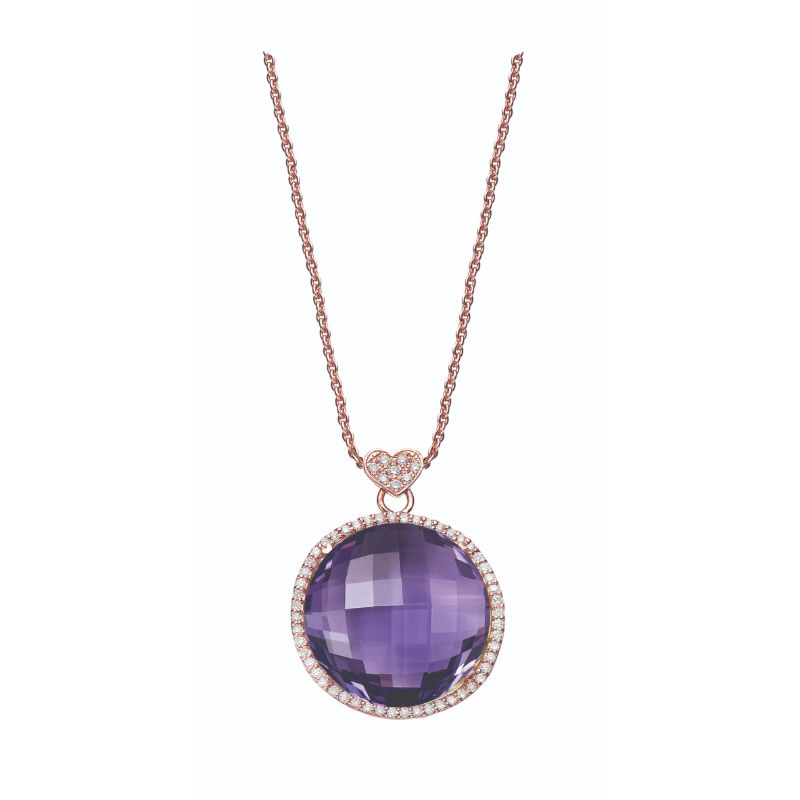 Lisa Nik 18k rose gold Rocks round amethyst necklace with diamond halo, 11mm amethyst with round diamonds weighing 0.30 carat total weight