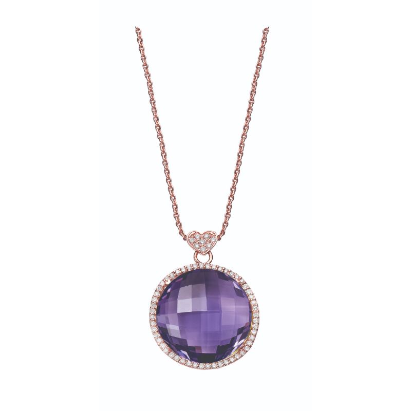 Lisa Nik 18k rose gold Rocks round amethyst pendant necklace with diamonds, 20mm amethyst with diamonds weighing 0.47 carat total weight, 18"