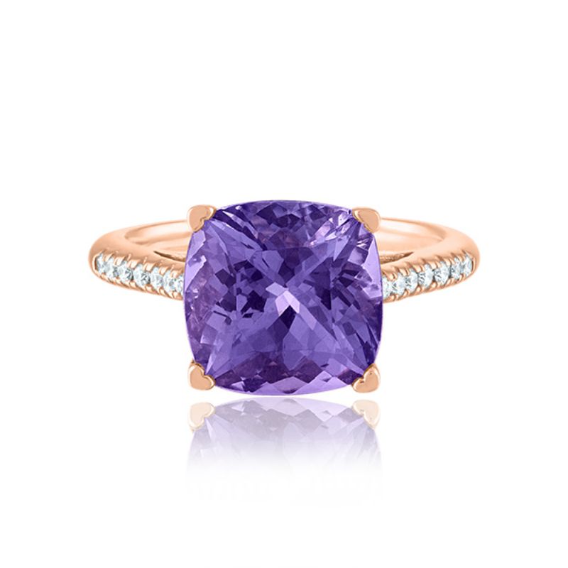 Lisa Nik 18K rose gold Rocks amethyst ring with diamonds, 10mm cushion amethyst with diamonds weighing 0.14 carat total weight