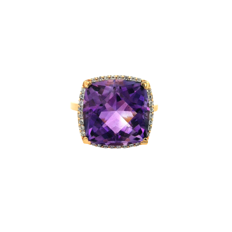 Lisa Nik 18K rose gold Rocks cushion shape amethyst ring with diamond halo, 13mm amethyst with round diamonds weighing 0.24 carat total weight