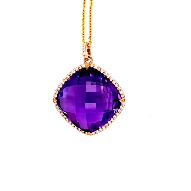 Lisa Nik 18k rose gold Rocks 20mm cushion amethyst pendant necklace with diamonds weighing 0.44 carat total weight
