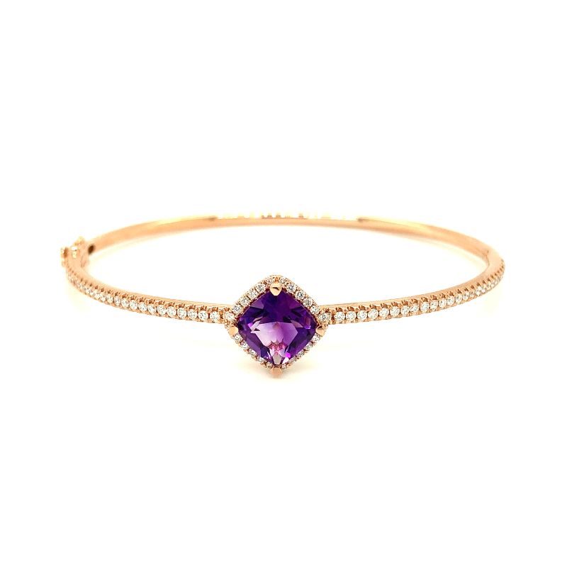 Lisa Nik 18k rose gold Rocks bangle bracelet with cushion shape amethyst station with diamond halo, 8mm amethyst with round diamonds weighing 0.63 carat total weight