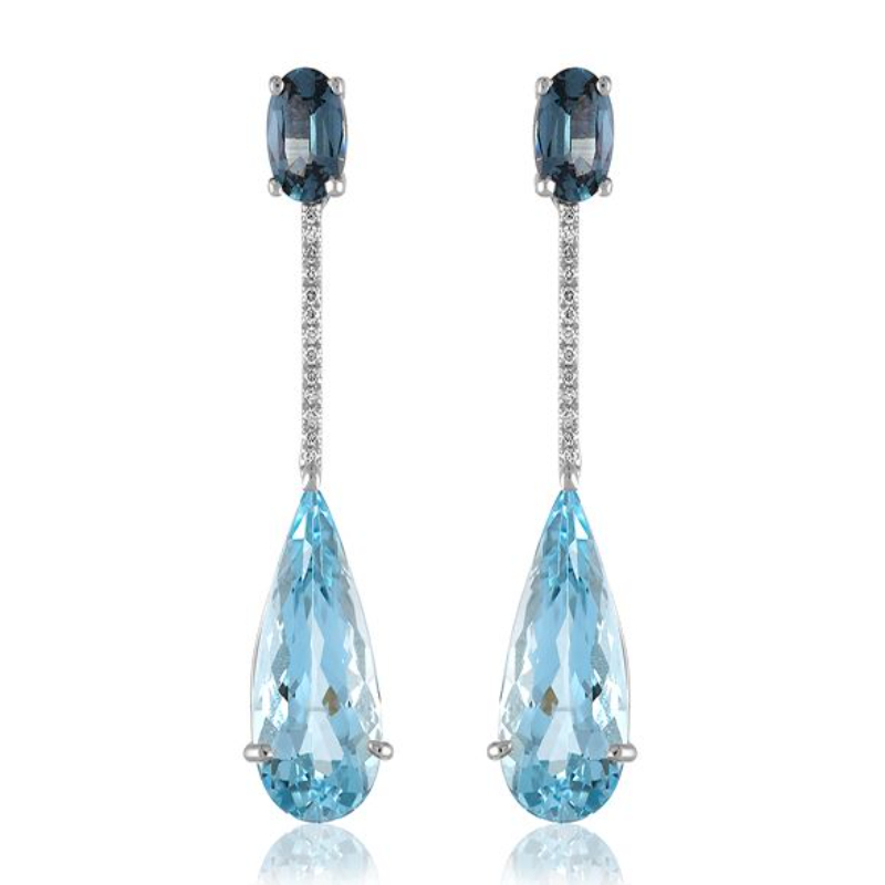 Lisa Nik 18k white gold rhodium plated spinel and aquamarine drop earrings with diamonds, spinel weighing 2.13 carat total weight and aquamarine weighing 8.13 carat total weight with diamonds weighing 0.12 carat total weight