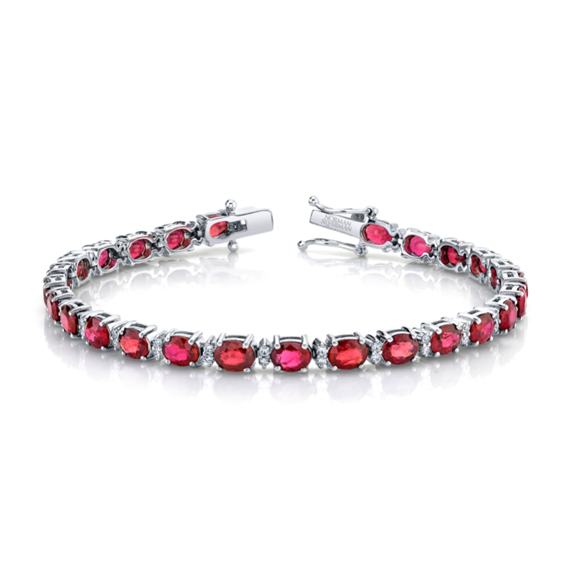 Norman Silverman 18K White Gold Rhodium Plated Ruby And Diamond Straight Line Bracelet
