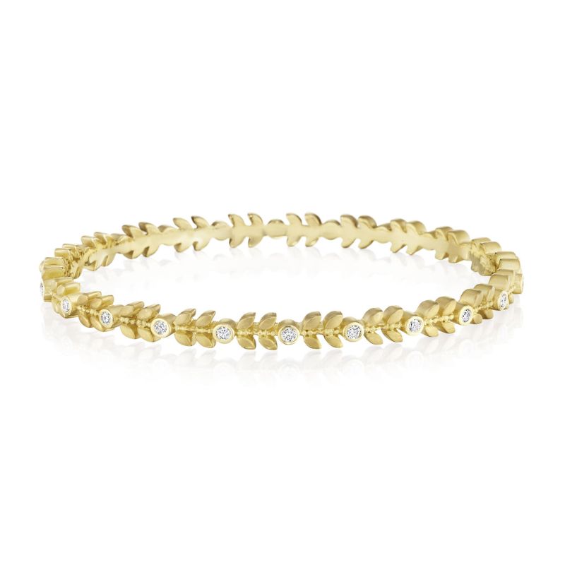 Penny Preville 18K Yellow Gold Petite Leaf And Diamond Bangle Bracelet