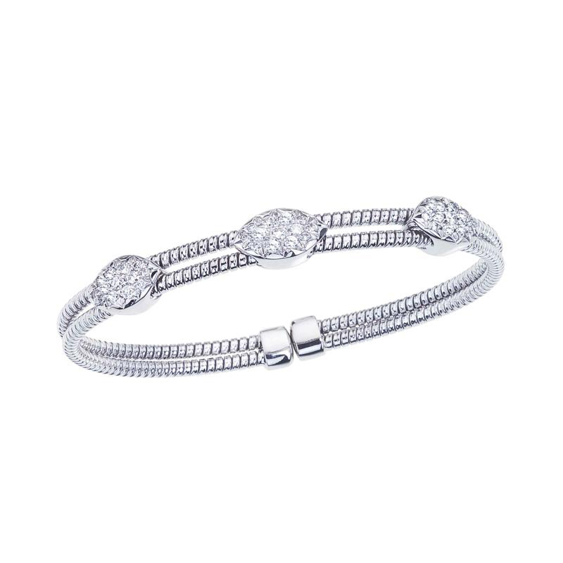 Fallon B 18K White Gold Rhodium Plated Double Row With 3 Marquies Shaped Diamond Stations Bangle