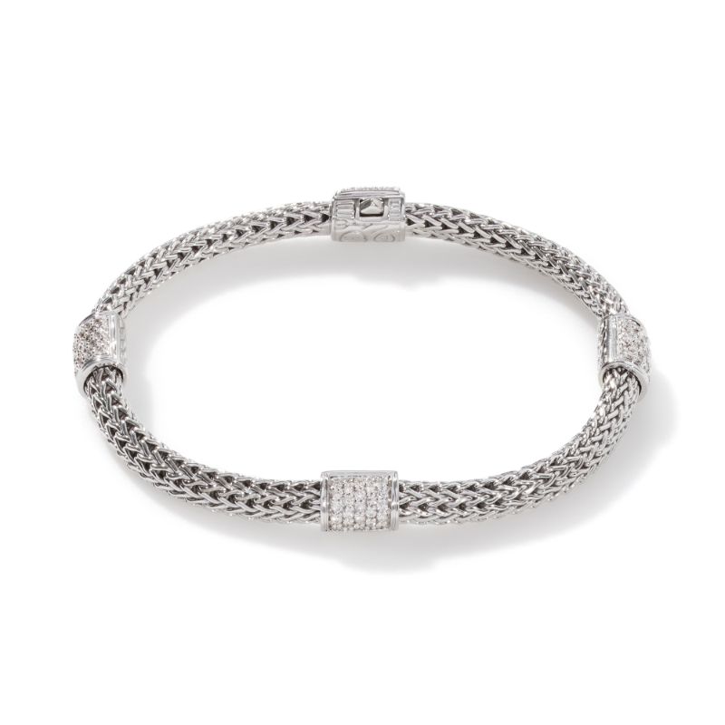 John Hardy sterling silver Classic Chain four-station bracelet with diamonds, 5mm wide bracelet with diamonds weighing 0.73 carat total weight, size S