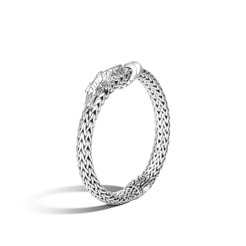 John Hardy sterling silver Legends Naga medium station bracelet with blue sapphires, 7.5mm bracelet with pusher clasp, size M