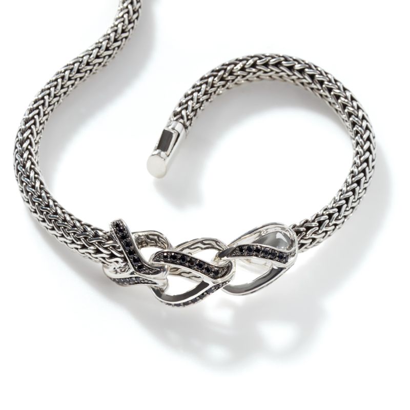 John Hardy sterling silver Chain Asli link station with black spphires and black spinels, 35.5mm station, 5mm bracelet with pusher clasp, size M