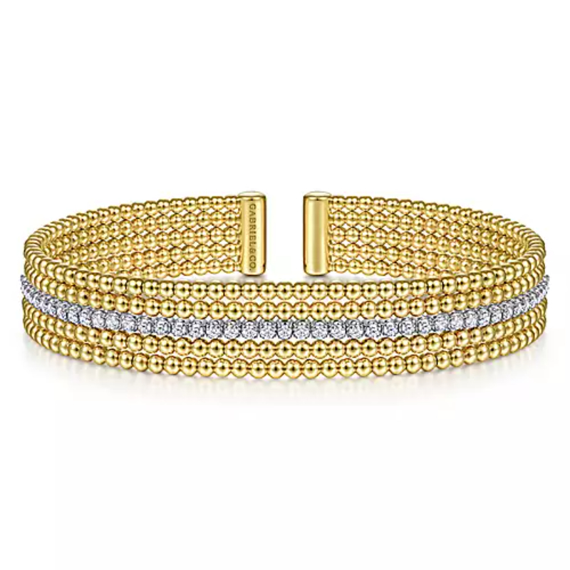 Gabriel & Co 18K Yellow Gold And 18K White Gold Rhodium Plated Bujukan 11.4 Flexible Beaded Five Row Cuff Bracelet