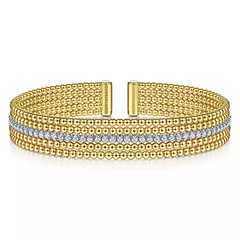 Gabriel & Co 18K Yellow Gold And 18K White Gold Rhodium Plated Bujukan 11.4 Flexible Beaded Five Row Cuff Bracelet