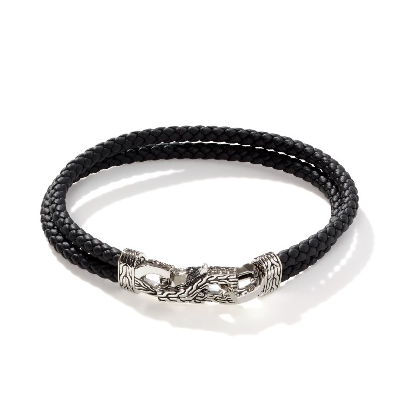 Sterling Silver Asli Classic Chain Link Silver Bracelet On Double Black Woven Leather