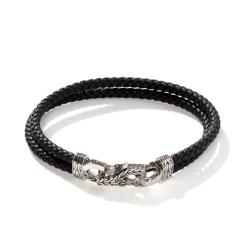 John Hardy sterling silver Asli Classic Chain link silver bracelet on double black woven leather with hook clasp, size M - BM900052BLXM John Hardy sterling silver Asli Classic Chain link silver bracelet on double black woven leather with hook clasp, size M - BM900052BLXM