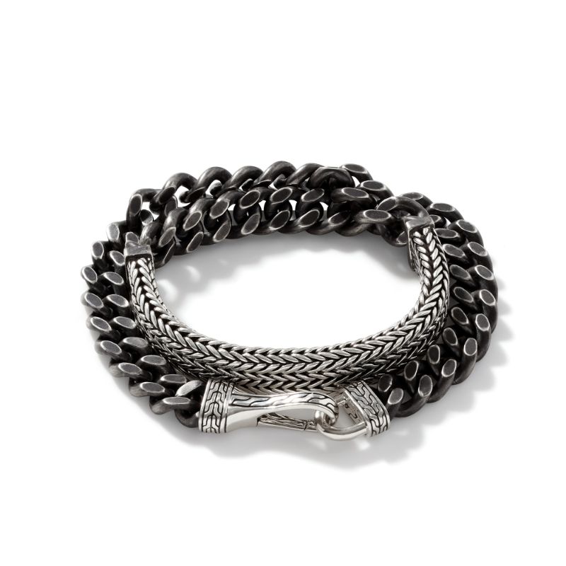 John Hardy sterling silver with black oxidation Classic Chain 11mm curb link double wrap bracelet with hook clasp, size M