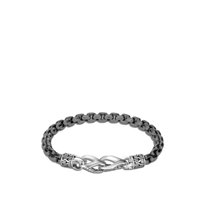 John Hardy sterling silver with satin matte black rhodium link bracelet, 6mm box chain bracelet with hook clasp, size M