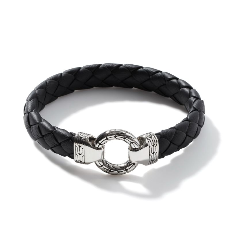 John Hardy sterling silver Classic Chain ring clasp bracelet on braided black leather, 11mm bracelet with lobster clasp, size M