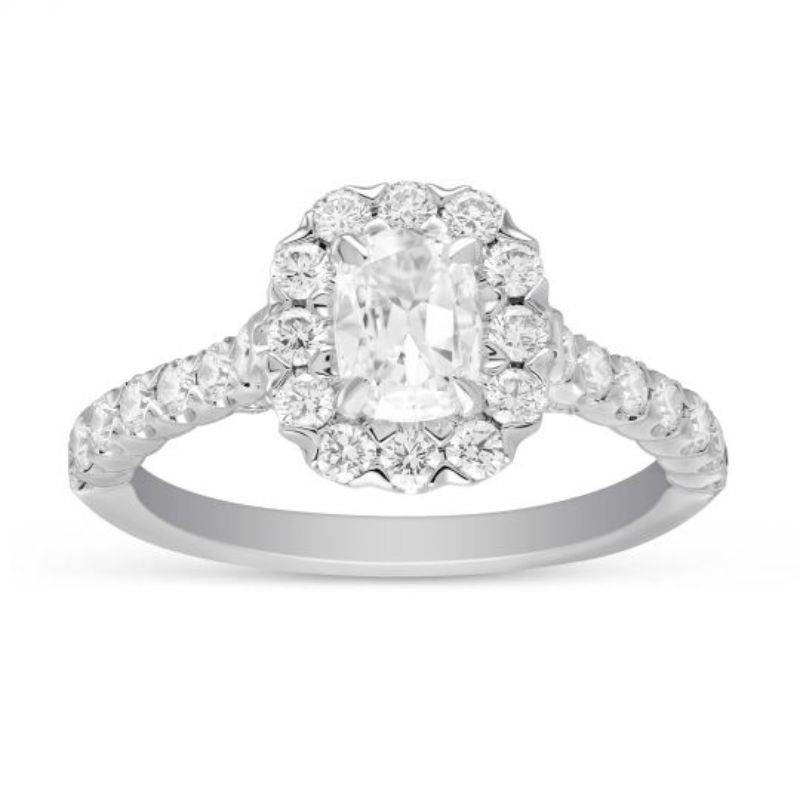 Henri Daussi 18K white gold diamond halo engagement ring with 1 round brilliant diamond weighing 1.00 carats total weight G SI2 GIA#1169997580, pave diamonds weighing 0.89 carat total weight