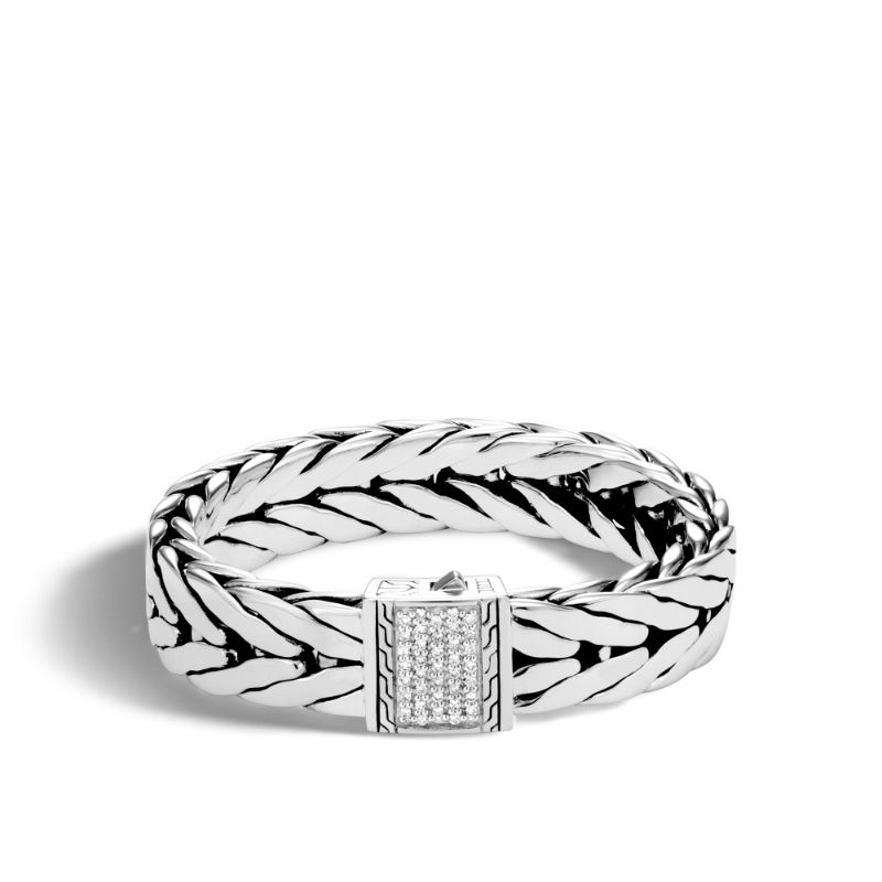 John Hardy sterling silver Modern Chain extra-large bracelet with diamonds, 16mm bracelet with diamonds weighing 0.57 carat total weight, size M