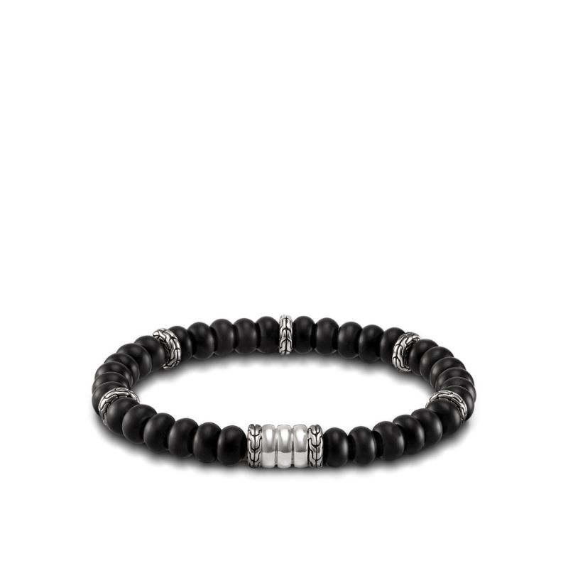 John Hardy sterling silver Bedeg beads bracelet with frosted black chalcedony, 8mm beads, size M