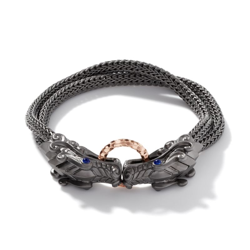 John Hardy sterling silver black rhodium Legends Naga hammered bronze and silver double row bracelet with blue sapphire, size M