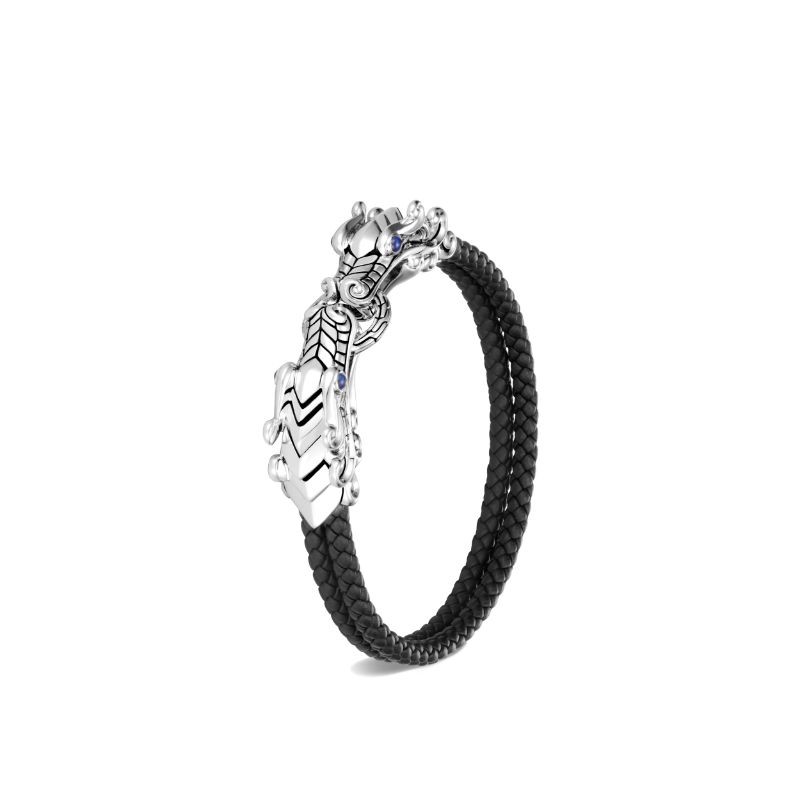 John Hardy sterling silver Legends Naga double row bracelet on black woven leather with blue sapphires, size M