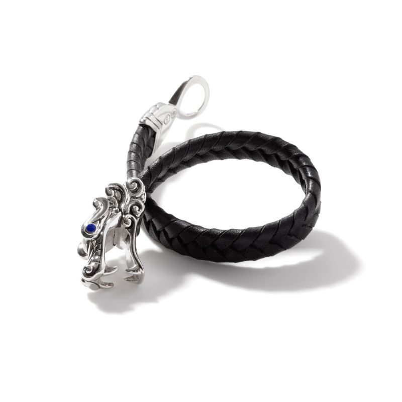 John Hardy sterling silver Legends Naga dragon head with blue sapphires on braided black leather, 10mm bracelet with puller clasp, size M