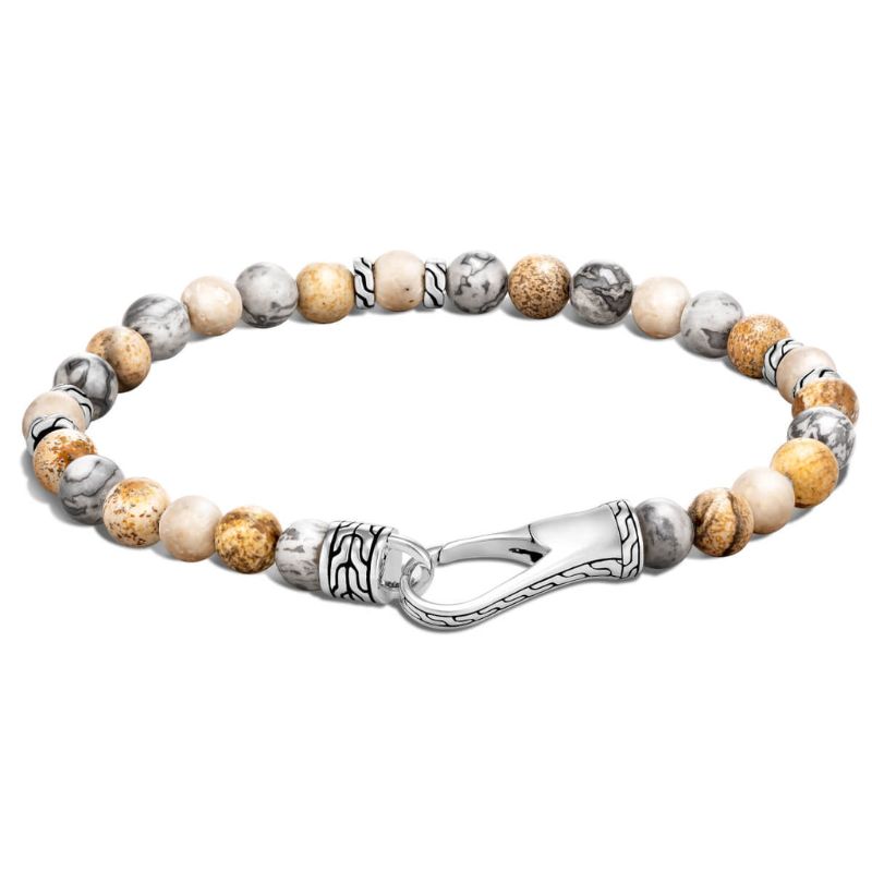John Hardy sterling silver Classic Chain beaded bracelet with wood jasper, black picture jasper and matte riverstone beads, 6mm bracelet with hook clasp, size M