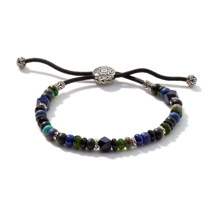 John Hardy sterling silver Classic Chain beads pull through bracelet with 6mm lapis lazuli, black agate, sodalite, black onyx, chrome diopside and turquoise on black cord, size M-L