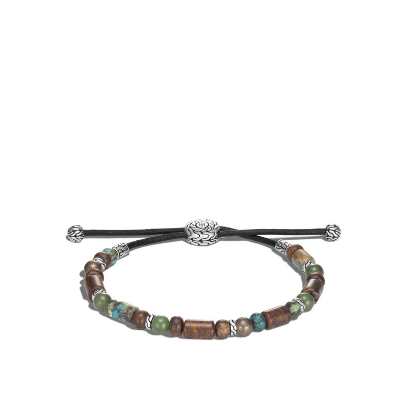 John Hardy sterling silver Classic Chain beads pull through bracelet with 6mm green nephrite jade, chrome diopside, pyrite, 9x6mm bronzite and 8x6mm turquoise on black cord, size M-L