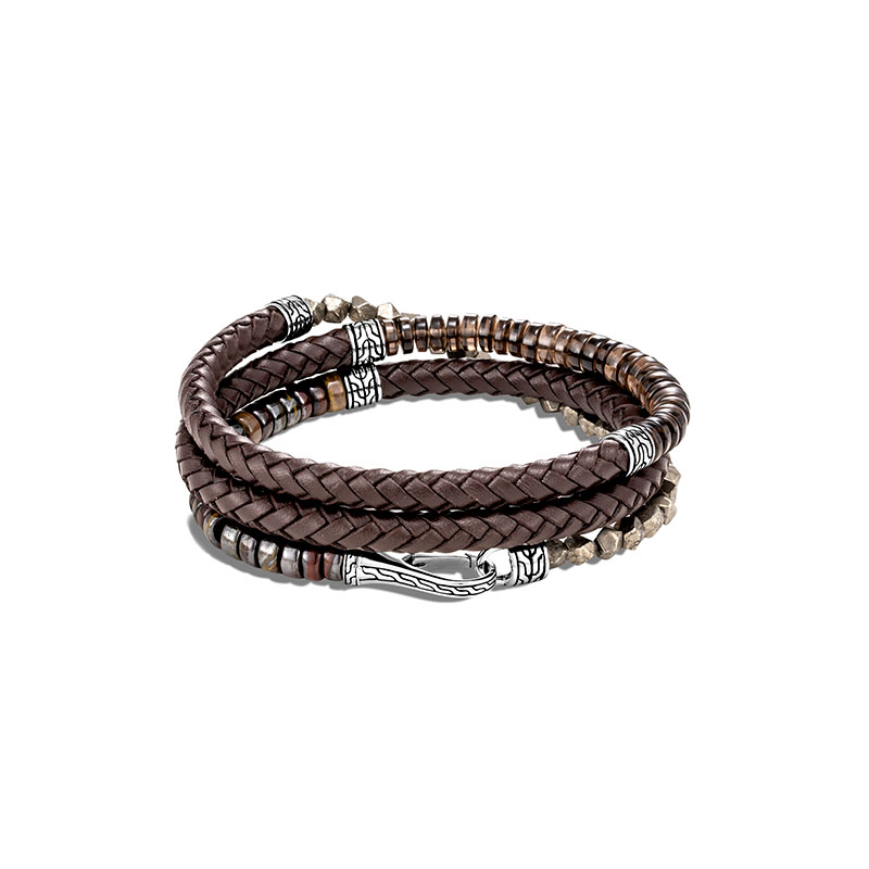 John Hardy sterling silver Chain triple brown leather wrap bracelet with smoky quartz, tiger iron and pyrite, 18mm bracelet with hook clasp, size M