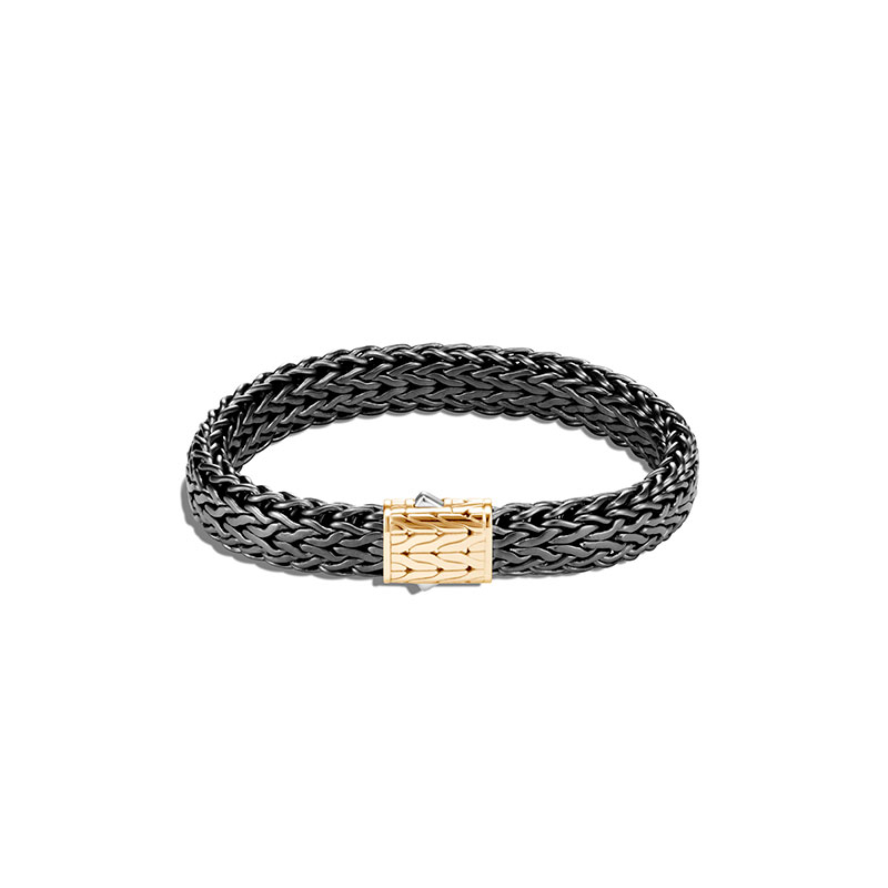 John Hardy black sterling silver rhodium plating and 18k yellow gold rhodium plated Classic Chain large flat bracelet, 11mm bracelet with pusher clasp, size M