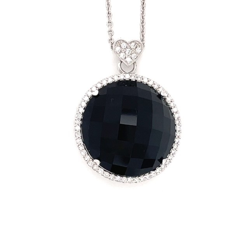 Lisa Nik 18k white gold rhodium plated Rocks 20mm round black onyx pendant necklace with diamond halo and heart diamond bale weighing 0.47 carat total weight
