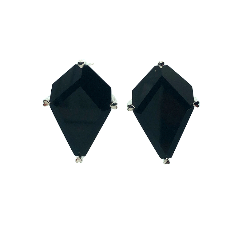 18K WHITE GOLD LARGE KITE SHAPED BLACK ONYX STUD EARRINGS