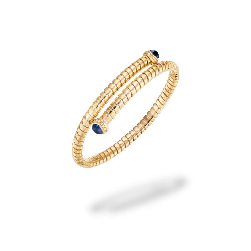 18K Yellow Gold Trisolina Cabochon Blue Bangle Cabochon Blue Sapphires