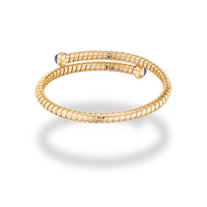 18K Yellow Gold Trisolina Cabochon Blue Bangle Cabochon Blue Sapphires