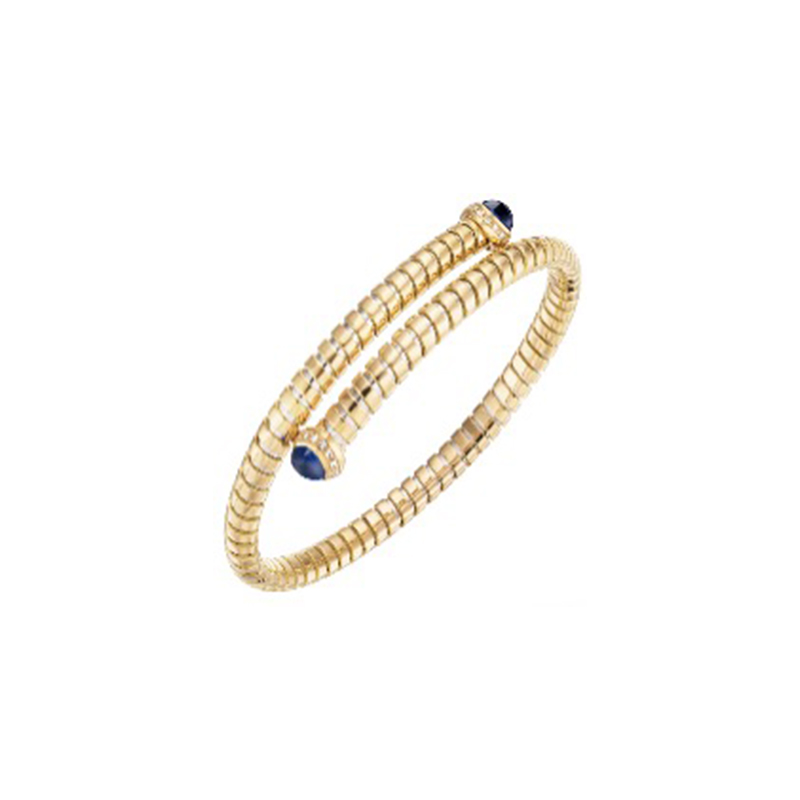 18K Yellow Gold Trisolina Cabochon Blue Bangle Cabochon Blue Sapphires