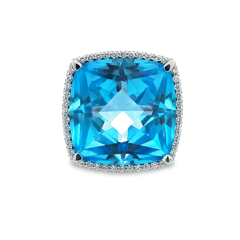 Lisa Nik 18k white gold rhodium plated Rocks square cut blue topaz ring with diamonds, 20mm blue topaz with diamonds weighing 0.55 carat total weight