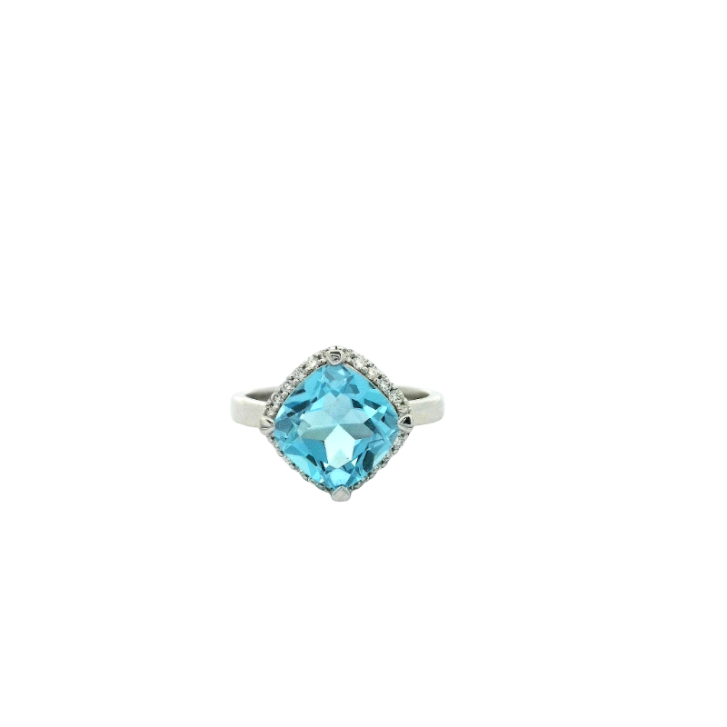Lisa Nik 18k white gold rhodium plated Rocks cushion blue topaz ring with diamond halo, 8mm blue topaz with diamonds weighing 0.15 carat total weight